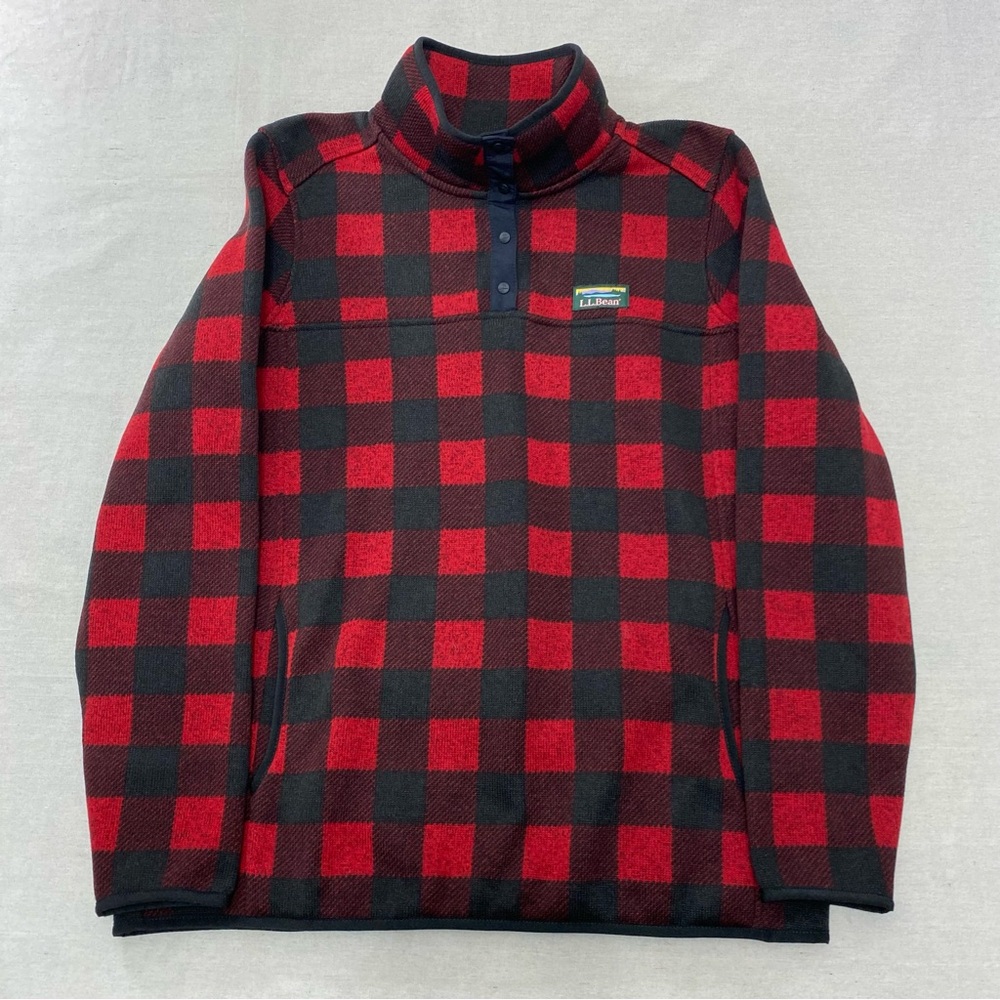 LL Bean Snap Fleece Sweater Women's Pullover Buffalo Plaid Size Large 500757 EUC - Picture 1 of 9